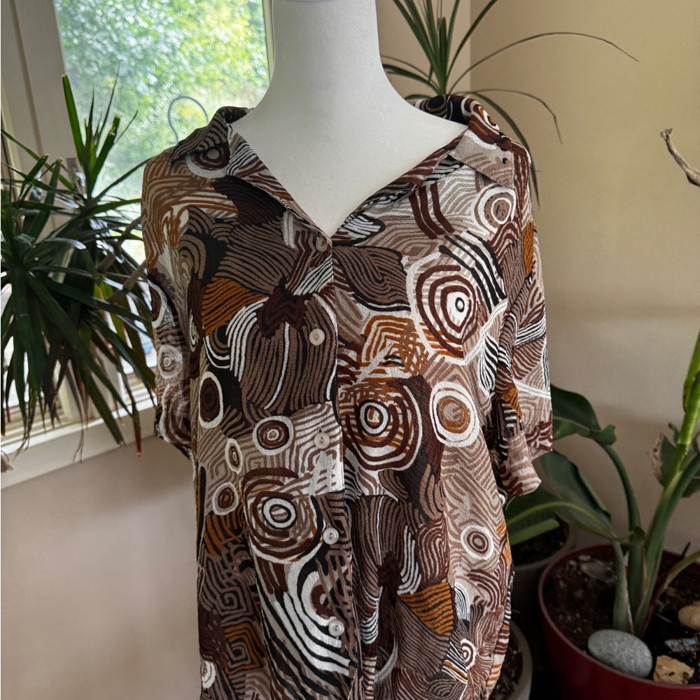 Alfred Dunner Brown and White Abstract Button Down Shirt